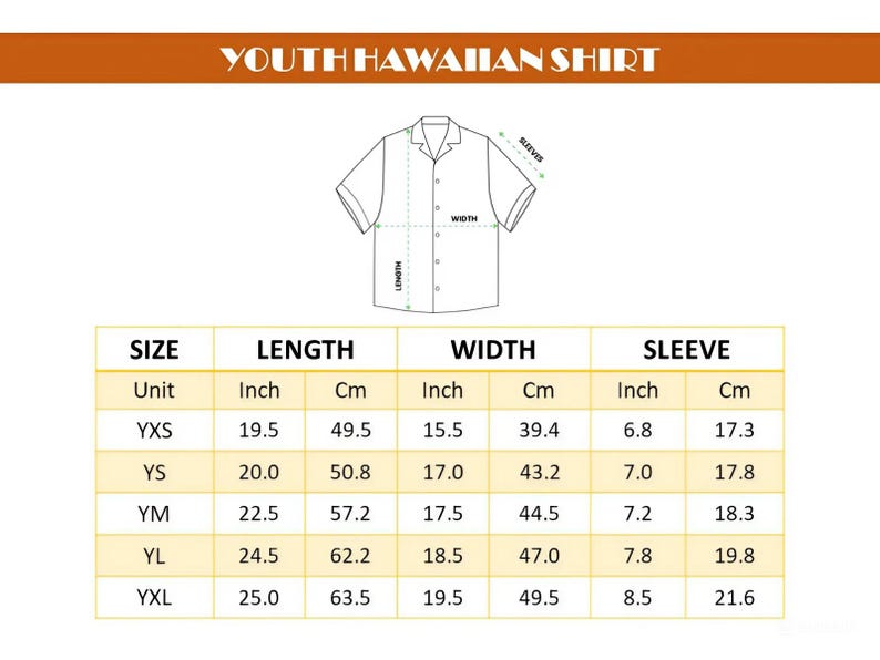 Peut inclure: Un tableau des tailles pour chemise hawa&iuml;enne pour jeunes avec un dessin au trait d'une chemise &agrave; manches courtes et boutons, indiquant longueur, largeur et manches. Le tableau donne les mesures en pouces et centim&egrave;tres de YXS &agrave; YXL.