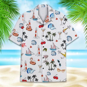Tropical Vacation Hawaiian Shirt for Men Women Youth, Funny Beach Icon Print Shirt Button Down, Summer Cruise Holiday Short Sleeve Shirt