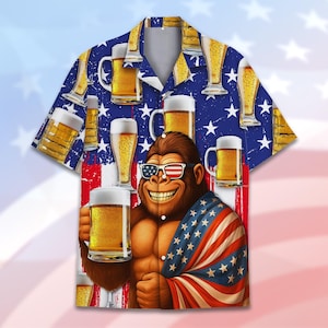 Bigfoot Beer Hawaiian Shirt for Men Women, Funny 4th of July Sasquatch Shirt, Patriotic USA Flag Summer Button Up