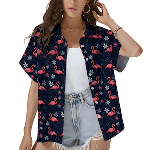 Flamingo Hawaiian Shirt for Women, Tropical Pink Flamingo Shirt, Women&#39;s Summer Vacation Beach Button Down Shirt