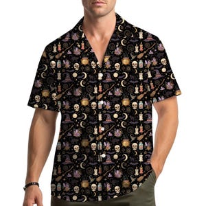 Halloween Witchcraft Hawaiian Shirt Men Women Youth, Skull Cauldron Potion Print, Spooky Wicca Occult Shirt Button Up, Festival Costume Top