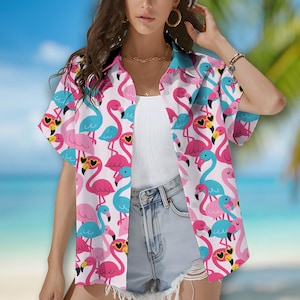 Flamingo Hawaiian Shirt for Women, Tropical Pink Flamingo Shirt, Women&#39;s Summer Vacation Beach Button Down Shirt