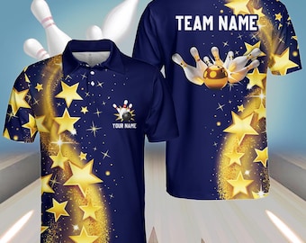 May include: A blue bowling jersey with a gold star pattern and a bowling ball graphic. The jersey has the text "TEAM NAME" on the back and "YOUR NAME" on the front.