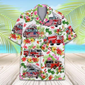 Fire Truck Hawaiian Shirt for Men Women, Funny Firefighter Tropical Button Down Shirt, Summer Fireman Shirt, Patriotic Rescue Shirt