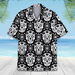 Sugar Skull Hawaiian Shirt for Men Women Youth, Black and White Skull Aloha Shirt, Day of the Dead Shirt, Gothic Floral Button-Up Shirt