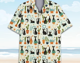 Retro Black Cat Hawaiian Shirt Men Women Youth, Mid-Century Modern Plant Print, Vintage Style Button Down Shirt for Cat Lovers