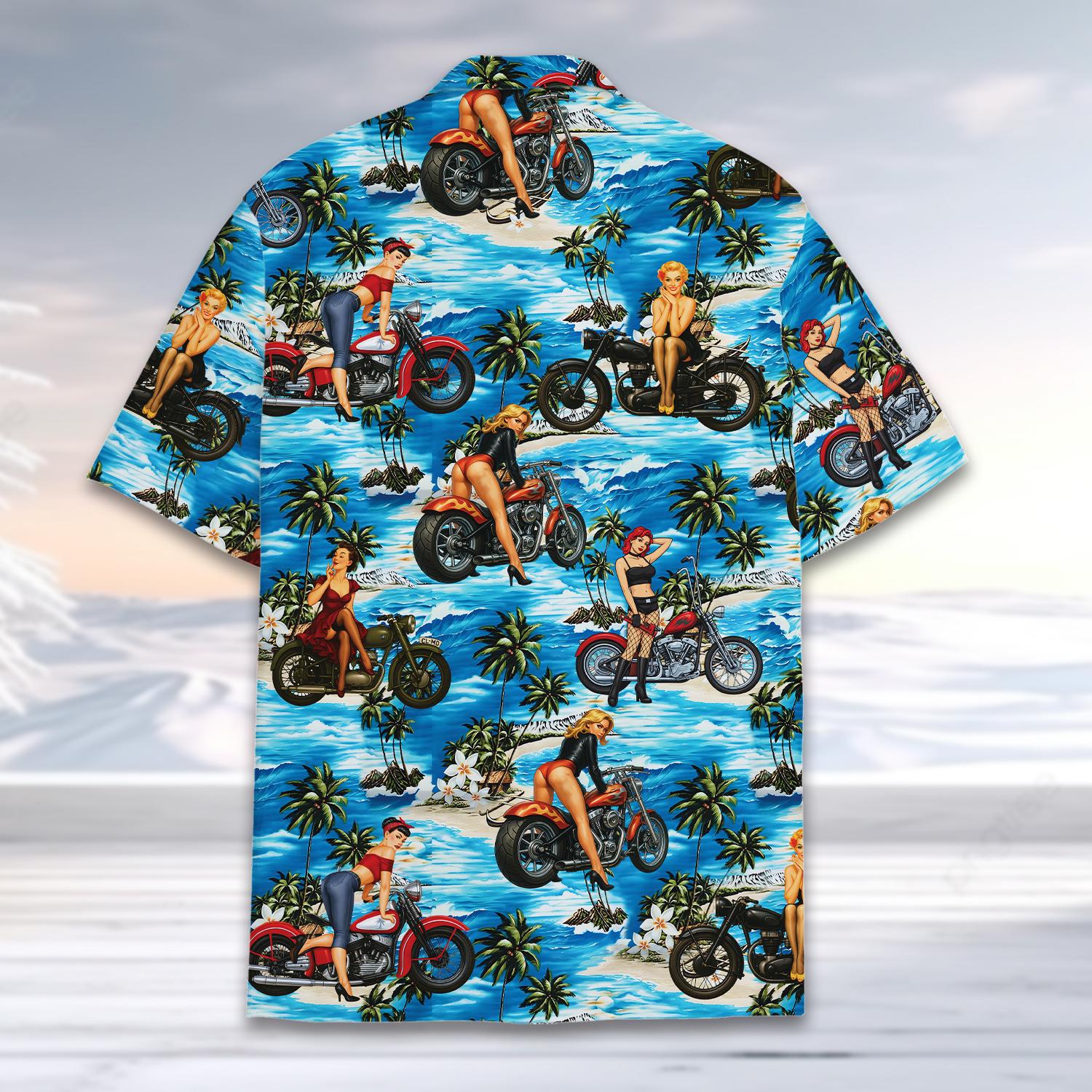 Pin up Girl Motorcycle Hawaiian Shirt for Men Women, Retro Vintage