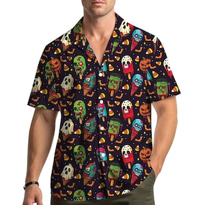 Halloween Hawaiian Shirt Men Women Youth, Zombie Ice Cream Skull Print, Spooky Candy Pattern, Horror Party Button Up Beach Shirt