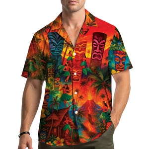 Tiki Hula Volcano Hawaiian Shirt for Men Women Youth, Colorful Island Luau Party Shirt, Tropical Vacation Button Down, Beach Aloha Shirt