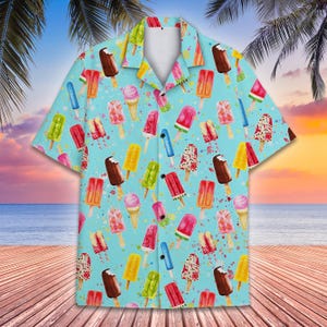 Ice Cream Popsicle Hawaiian Shirt Men Women Youth, Colorful Summer Aloha Shirt with Ice Cream Print, Fun Beach Button Shirt Short Sleeve