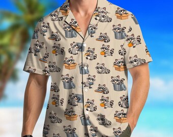 Camisa havaiana com estampa de guaxinim para homens, mulheres e jovens. Camisa divertida com estampa de guaxinim, camisa de botão com estampa de guaxinim, camisa de manga curta para praia no verão.