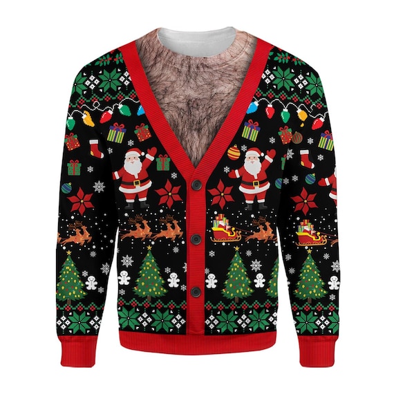 Funny Christmas Cardigan Sweatshirt, Santa and Sleigh Print Shirt