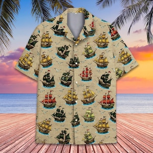 Vintage Pirate Ship Hawaiian Shirt for Men Women Youth, Nautical Shirt Button Up, Ocean Sailing Boat Aloha Shirt, Sea Captain Cruise Outfit
