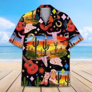 Western Cowgirl Hawaiian Shirt Men Women Youth, Sunset Desert Cactus Shirt, Funny Rodeo Button Up, Summer Country Short Sleeve Shirt