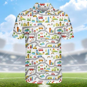 Road Map Polo Shirt For Men Women, Cute City Street & Car Print, Fun Town Pattern Polo Shirt for Teachers, Drivers, Car Lovers