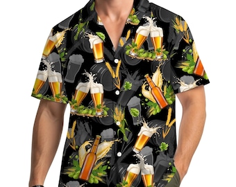 Hawaiiaans biershirt voor mannen vrouwen, grappig bierglasshirt met knopen, zomershirt met korte mouw voor bierliefhebbers, feest- en vakantievibes
