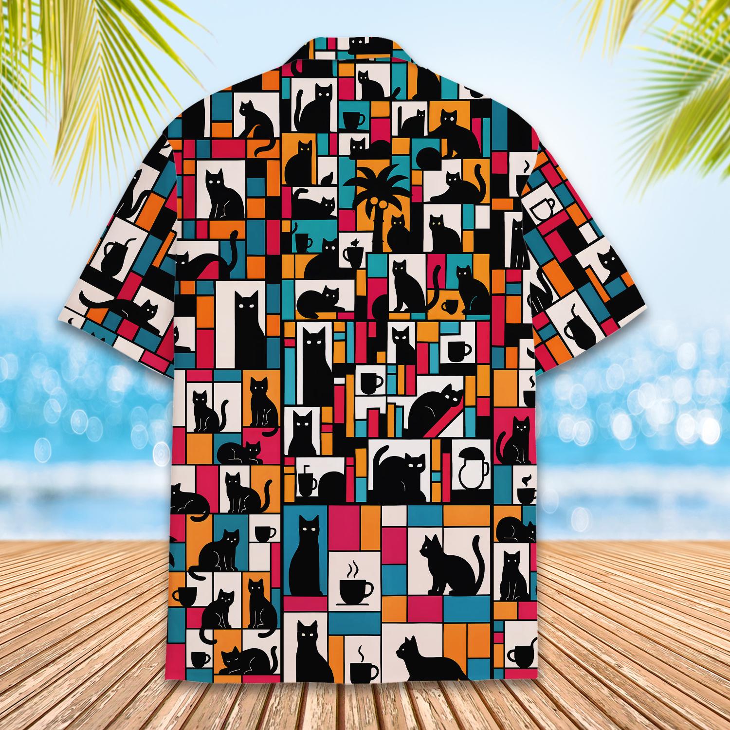 Retro Cat Hawaiian Shirt Men Women Youth, Colorful Coffee and Cat
