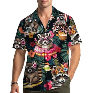 Floral Raccoon Hawaiian Shirt for Men Women Youth, Tropical Beach Shirt Button Down, Summer Animal Aloha Shirt, Raccoon Lovers Gift