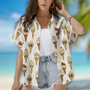 Ice Cream Hawaiian Shirt for Women, Cute Summer Dessert Button Down Shirt, Sweet Foodie Aesthetic Vacation Shirt, Ice Cream Cone Print Top