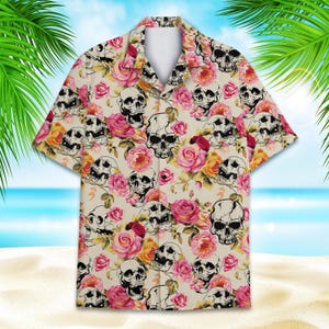 Rose Skull Hawaiian Shirt for Men Women Youth, Tropical Skull Aloha Shirt Short Sleeve Button Down Summer Shirt, Retro Gothic Beachwear