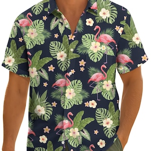 Flamingo Hawaiian Shirt For Men Women, Tropical Pink Bird Aloha Shirt, Monstera Leaf Summer Shirt, Vacation Luau Beach Button Pocket Shirt