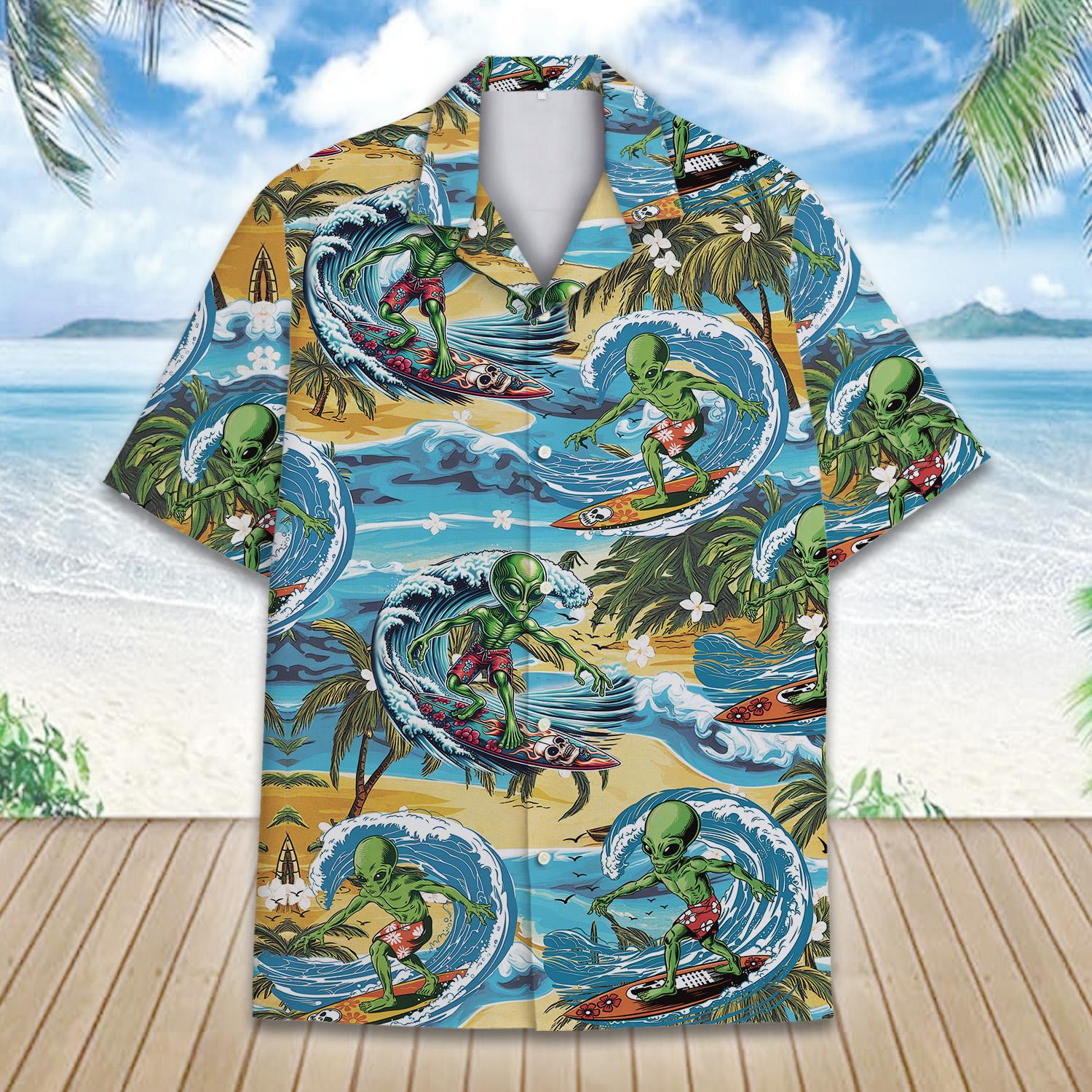 Tropical Alien Hawaiian Shirt Men Women Youth, Alien Surfing Shirt