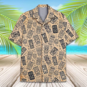 Vintage Tiki Hawaiian Shirt for Men Women Youth, Summer Aloha Button Down, Tropical Tiki Face Luau Party Shirt, Beach Vacation Gift