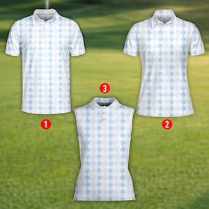 Argyle Golf Polo Shirt for Women Men, Classic Blue Diamond Pattern Shirt, Sleeveless & Short Sleeve Golf Top, Preppy Golf Outfit