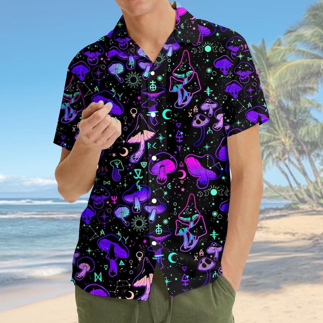 Psychedelic Mushroom Hawaiian Shirt for Men Women Youth, Neon Psychedelic Mushroom Hawaiian Shirt for Men Women Youth, Neon