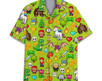 Retro Pixel Video Game Hawaiian Shirt for Men Women Youth, Funny Gamer Lovers Shirt, Colorful Arcade Print Button-Up Shirt Short Sleeve