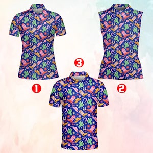 May include: Three polo shirts with a navy blue background and a repeating pattern of cowboy boots, hats, cacti, and horseshoes in pink, yellow, and green. The shirts are short-sleeved and sleeveless.