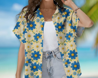Blue and Yellow Daisy Floral Hawaiian Shirt for Women, Vintage Cottagecore Flower Button Down, Summer Boho Short Sleeve Shirt