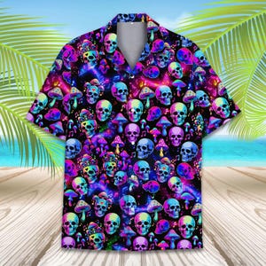 Psychedelic Skull Mushroom Hawaiian Shirt Men Women Youth, Trippy Neon Rave Aesthetic Shirt, Festival EDM Aloha Button Down Short Sleeve