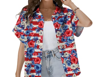 Patriotyczna kwiatowa koszula hawajska dla kobiet, koszula Aloha 4 lipca, flaga USA Hibiscus z krótkim rękawem i guzikami, koszula na Dzień Niepodległości