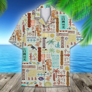 Tiki Tribal Hawaiian Shirt Men Women Youth, Vintage Island Print Button Up Shirt, Luau Beach Vacation Shirt with Polynesian Symbols