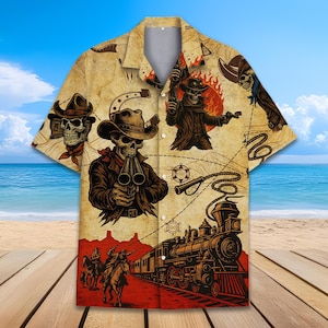 May include: Short-sleeved button-down shirt with a cowboy-themed design. The shirt features illustrations of cowboy skulls, a train, and a map-like background in shades of brown, red, and black. The shirt has a classic collar and button closure.
