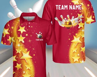 May include: Red bowling jersey with a gold star pattern and a bowling ball graphic. The jersey has the text "TEAM NAME" on the back and "YOUR NAME" on the front.