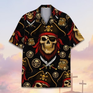 Piraten Hawaiihemd für Männer Frauen Jugend, lustiges Totenkopf Schatzkarte Shirt, Tropisches Kurzarm Aloha Party Shirt