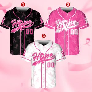 Kundenspezifisches Hoffnungs-Brustkrebs-Team Name und Zahl Baseball Jersey, personalisiertes rosa Band-Baseball-Shirt, Brustkrebs-Krieger-Jersey