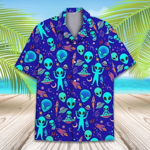 Space Alien Hawaiian Shirt Men Women Youth, Funny Alien UFO Shirt, Summer Beach Aloha Shirt, Alien Button Down Short Sleeve Shirt
