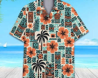 Retro Tiki Hawaiian Shirt for Men Women Youth, Vintage Tribal Island Aloha Shirt, Tiki Face and Hibiscus Short Sleeve Shirt