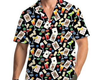 Casino Cocktails Hawaiian Shirt For Men Women, Gambling Button-Down Shirt Short Sleeve, Men's Summer Las Vegas Poker Shirt