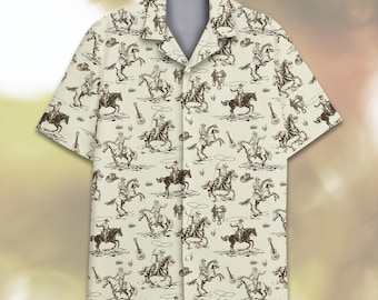 Vintage Cowboy Hawaiian Shirt Men Women Youth, Western Cowboy with Horses Shirt, Short Sleeve Button Down Aloha Shirt, Beach Summer Shirt