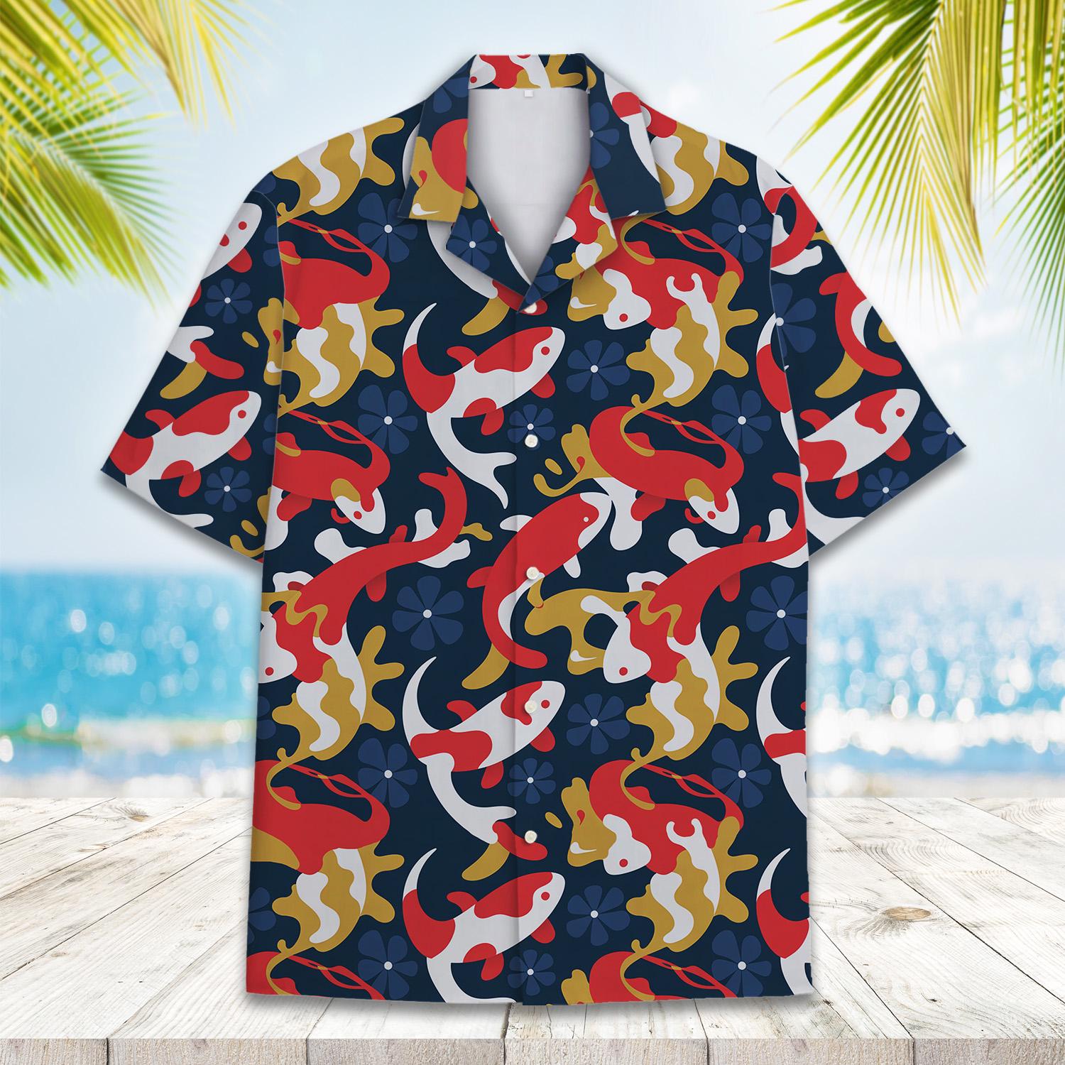 Koi Fish Hawaiian Shirt for Men Women Youth, Navy Blue Koi Fish