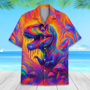 Psychedelic Dinosaur Hawaiian Shirt for Men Women Youth, Trippy T-Rex Button Down, Colorful Aloha Summer Beach Shirt, Festival Outfit