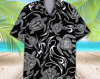 Tribal Sea Turtle Hawaiian Shirt for Men Women Youth, Black White Polynesian Ocean Tattoo Print, Summer Beach Vacation Shirt Button Down