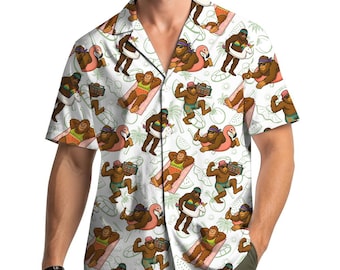 Bigfoot Flamingo Pool Float Hawaiian Shirt for Men Women Youth, Summer Beach Vacation Button Down Shirt, Funny Sasquatch Swim Party Shirt