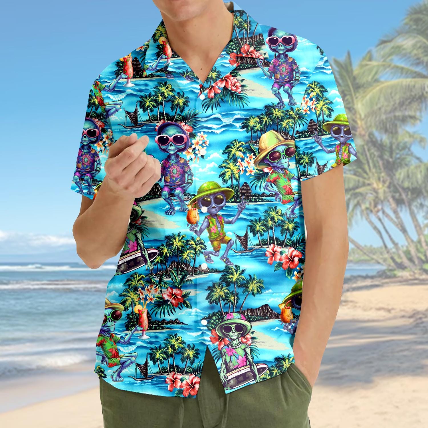 Tropical Alien Hawaiian Shirt Men Women Youth, Alien Surfing Beach
