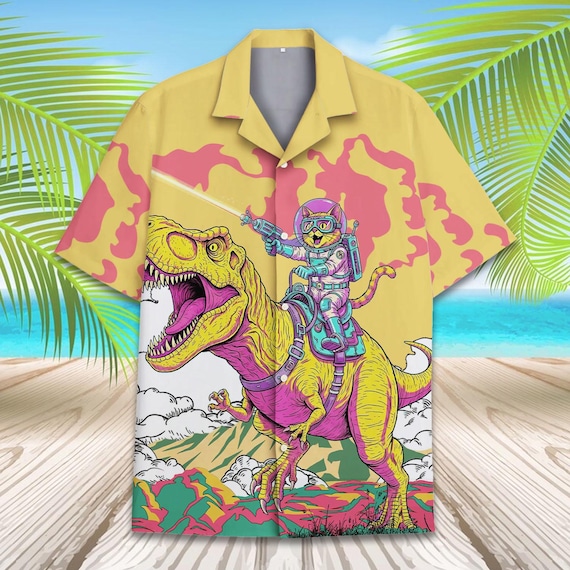 Astronaut Cat Riding Dinosaur Hawaiian Shirt, Funny Space T-rex