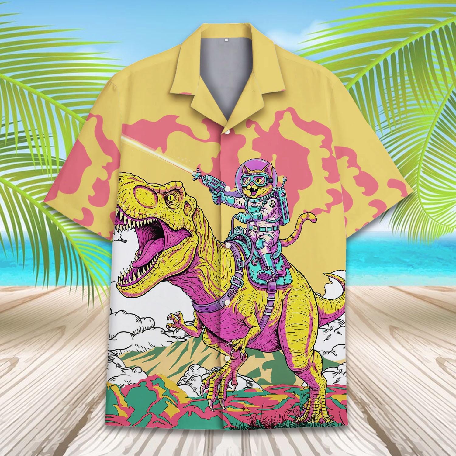 Astronaut Cat Riding Dinosaur Hawaiian Shirt, Funny Space T-rex